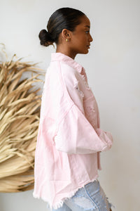 mode, delighted distressed shacket