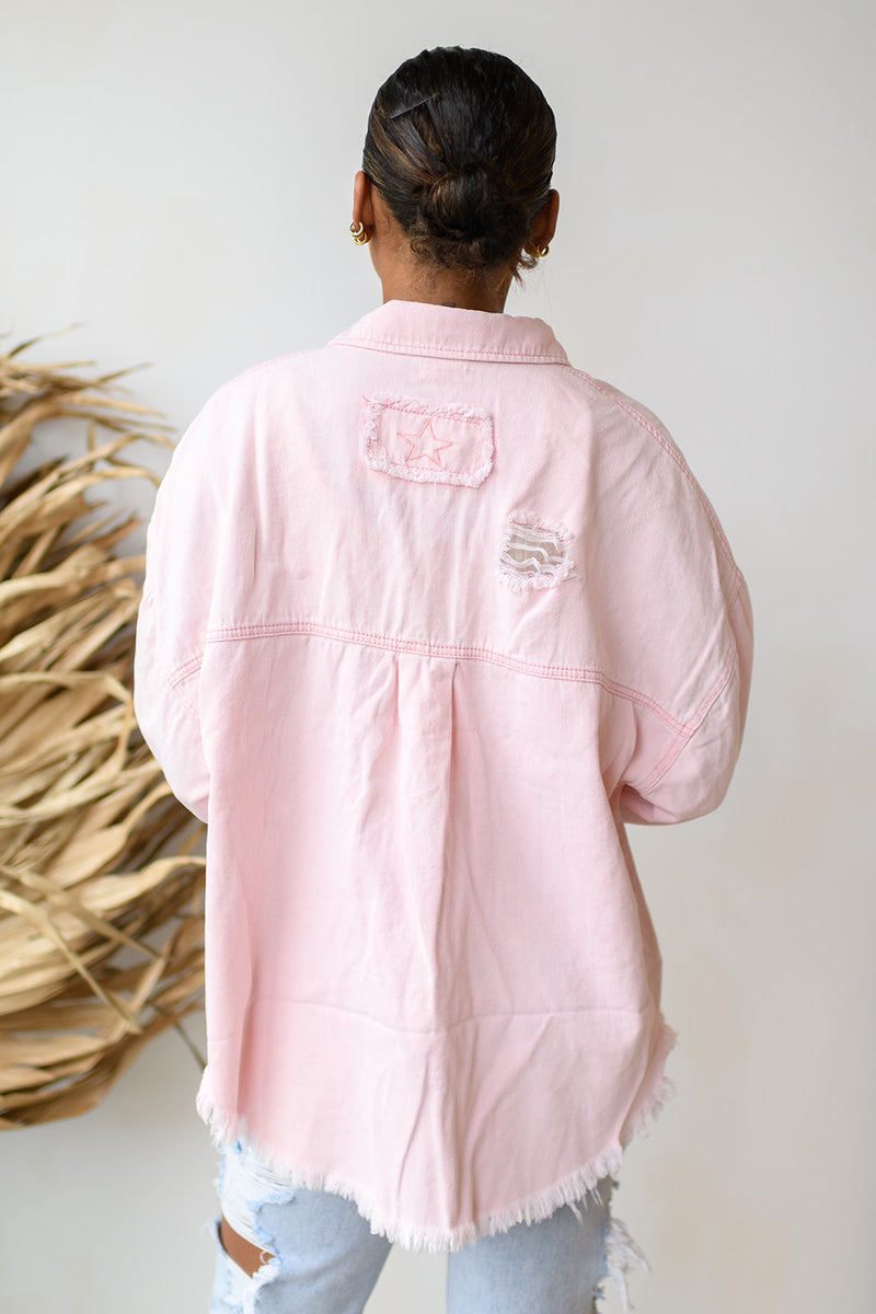 mode, delighted distressed shacket