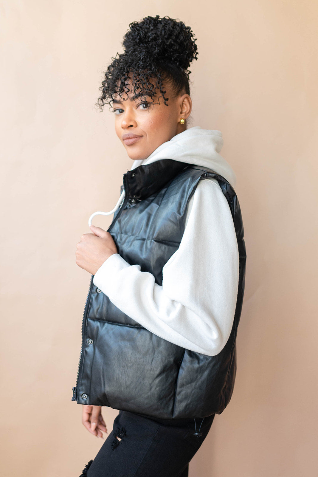 mode, norah vegan leather puffer vest