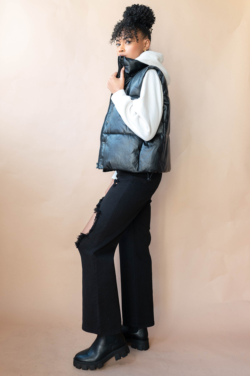 mode, norah vegan leather puffer vest