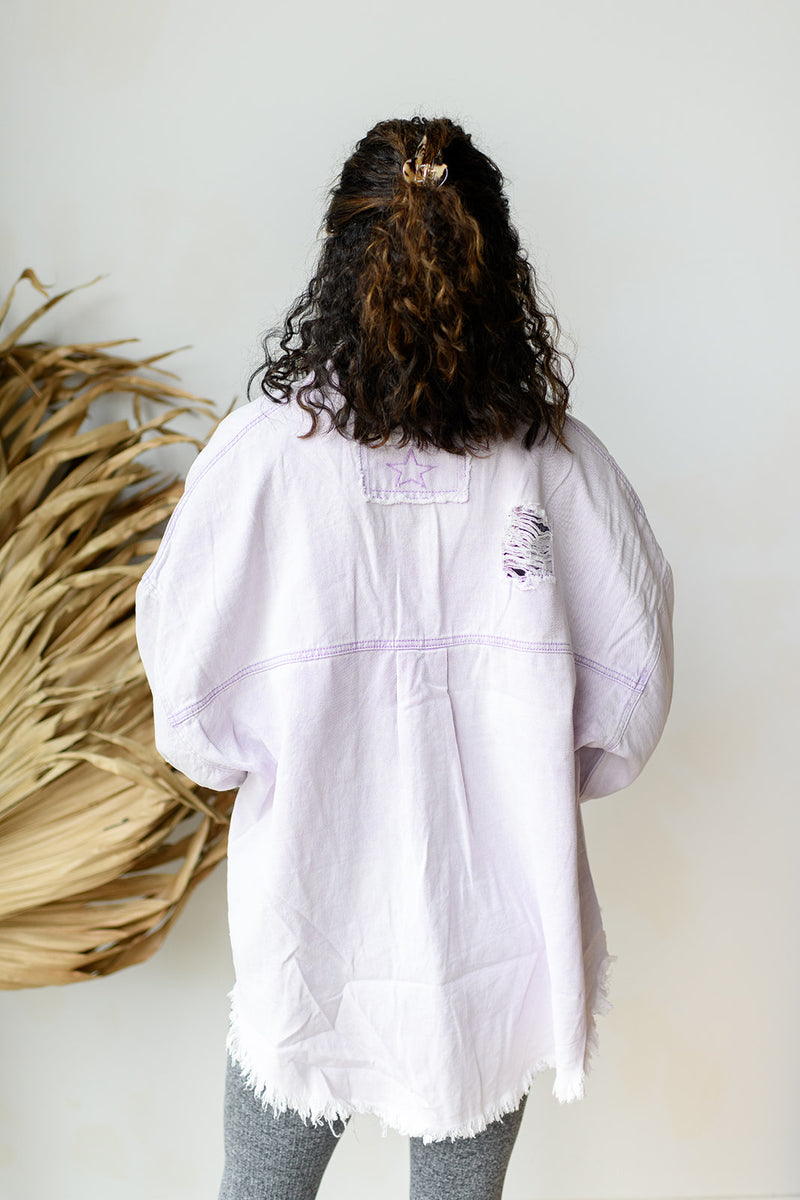 mode, delighted distressed shacket