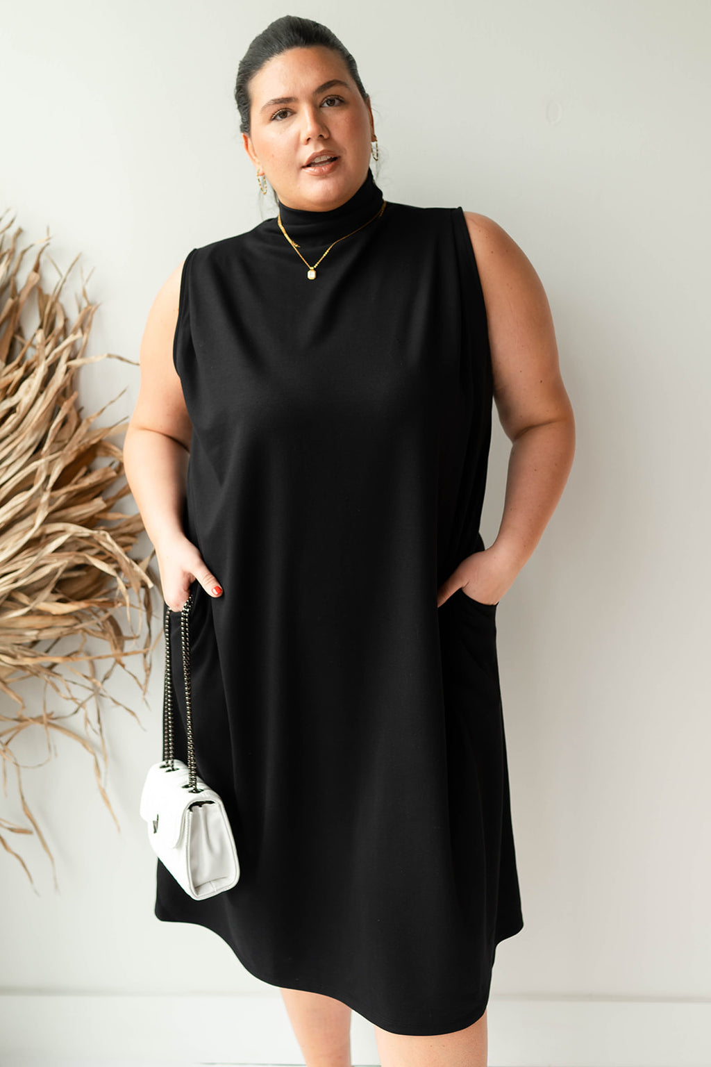 mode, luxe mock neck a line dress