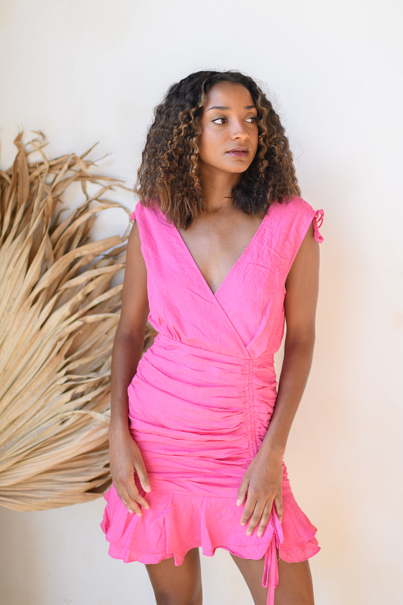mode, pretty in pink ruched dress