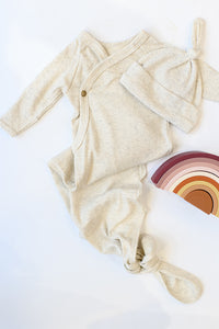 mode, oatmeal ribbed knotted gown