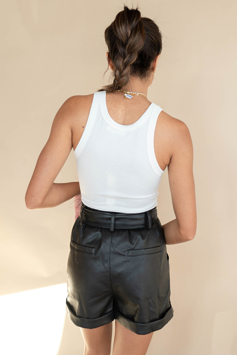 mode, vegan leather shorts