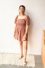 mode, square neck smocked dress