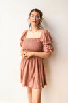 mode, square neck smocked dress