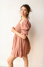 mode, square neck smocked dress