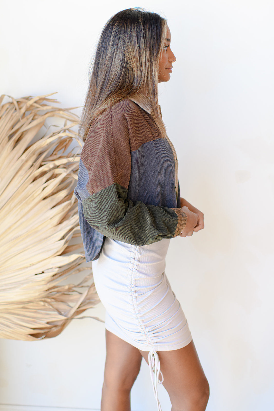 mode, corduroy button up crop jacket
