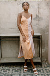 mode, satin color block midi dress