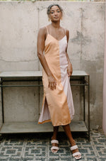 mode, satin color block midi dress