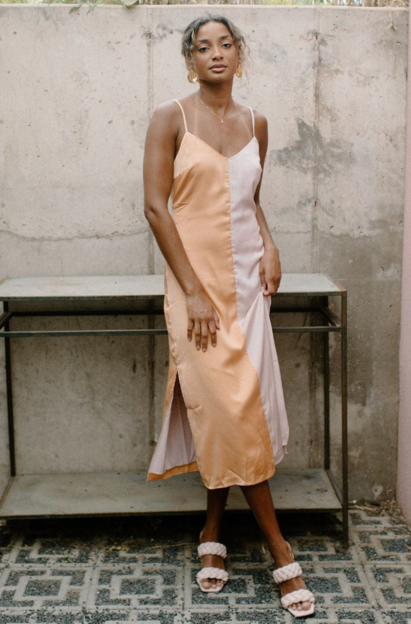 mode, satin color block midi dress