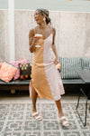 mode, satin color block midi dress