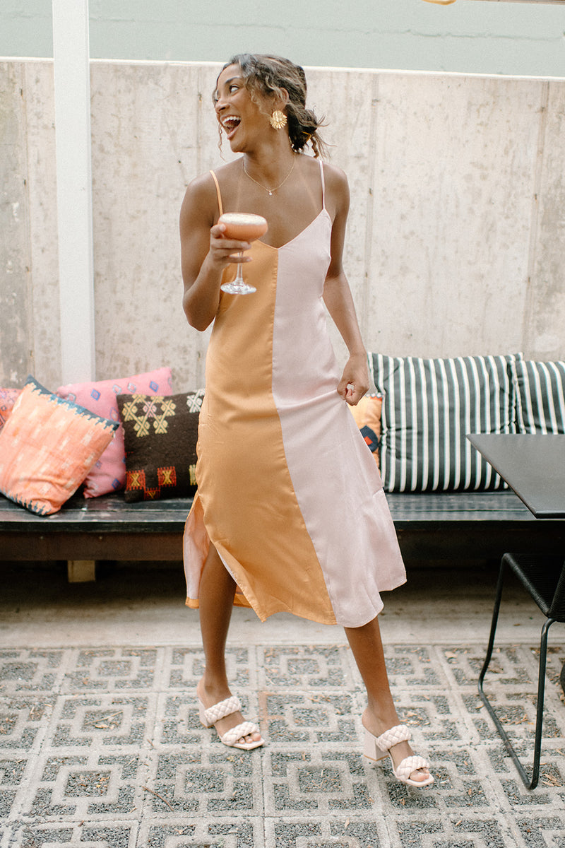 mode, satin color block midi dress