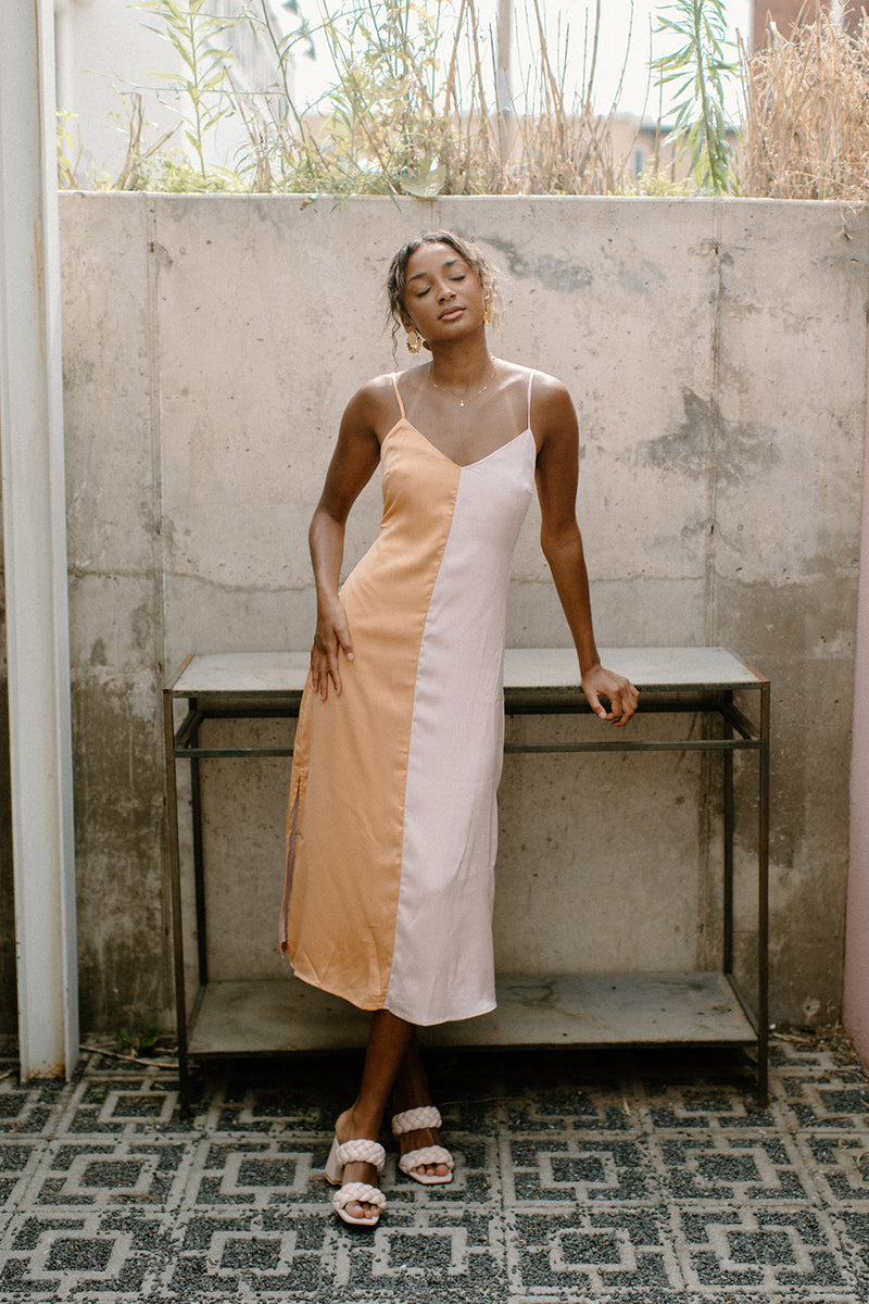 mode, satin color block midi dress