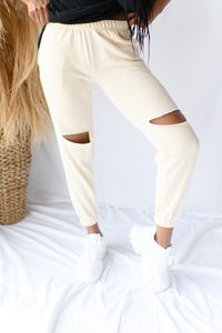 mode, gigi knee cut out joggers