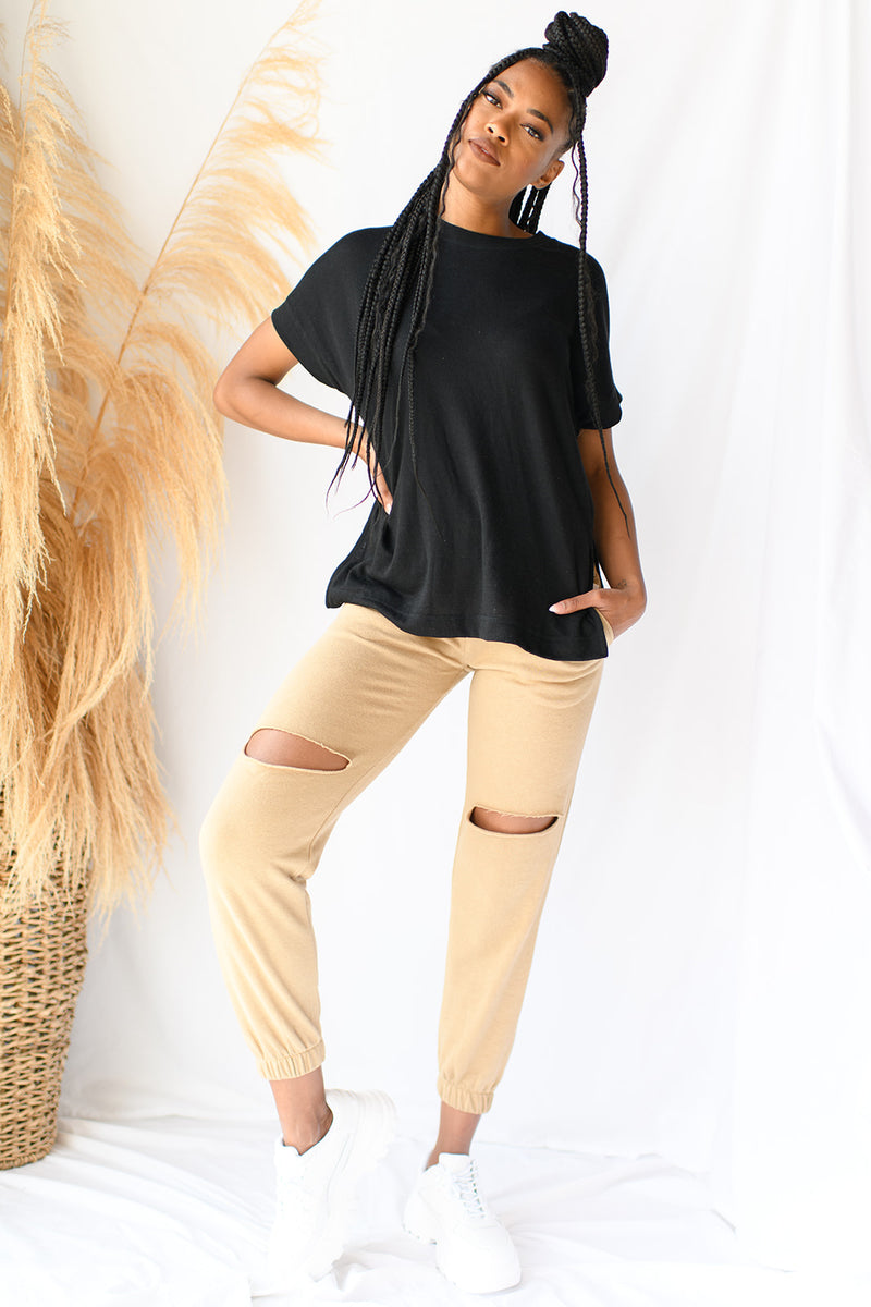 mode, gigi knee cut out joggers