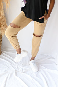 mode, gigi knee cut out joggers