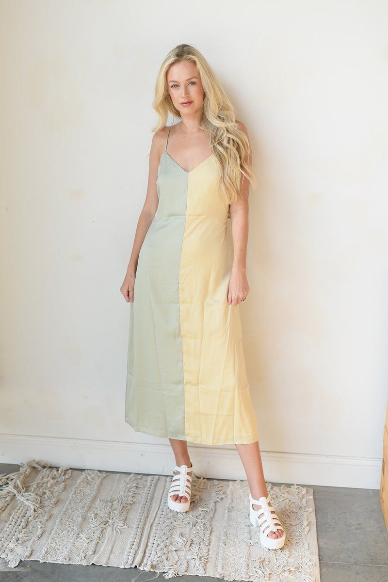 mode, satin color block midi dress
