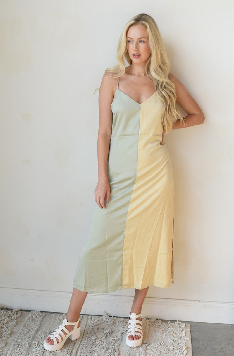 mode, satin color block midi dress