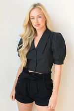 mode, collar puff sleeve crop
