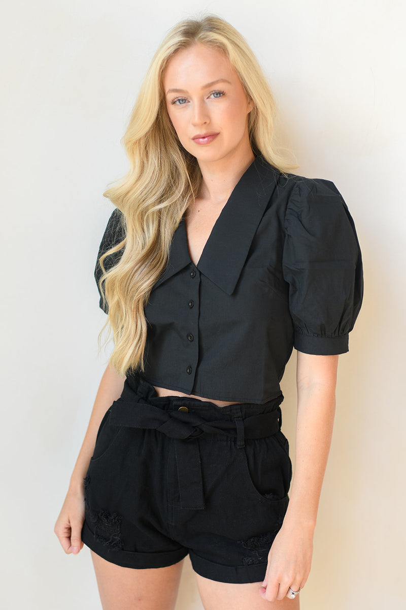 mode, collar puff sleeve crop