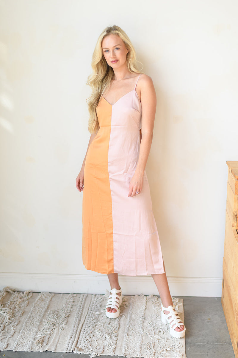 mode, satin color block midi dress