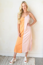 mode, satin color block midi dress
