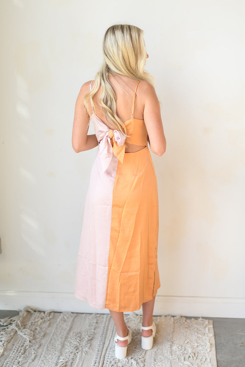 mode, satin color block midi dress