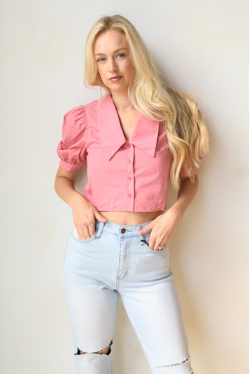 mode, collar puff sleeve crop
