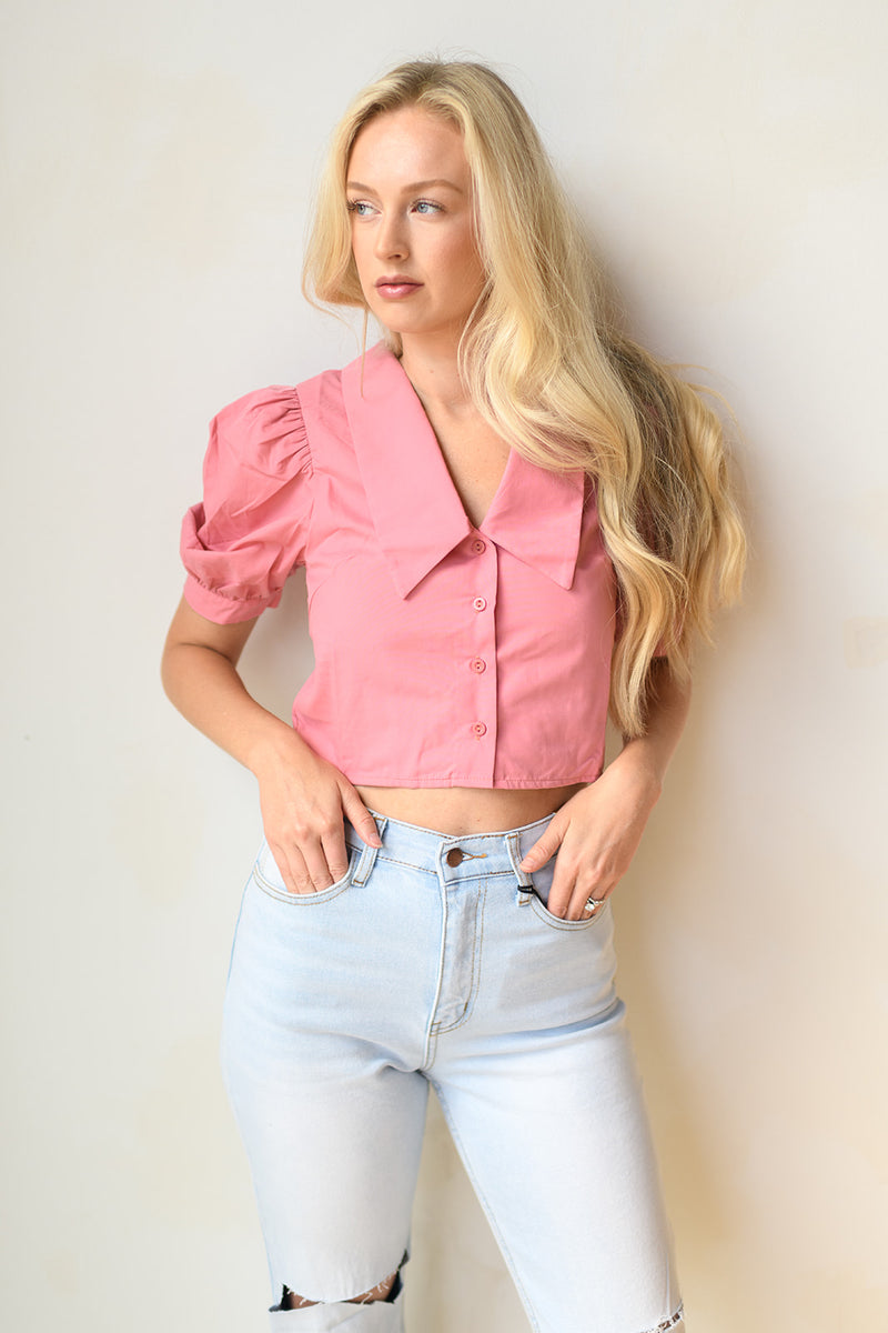 mode, collar puff sleeve crop
