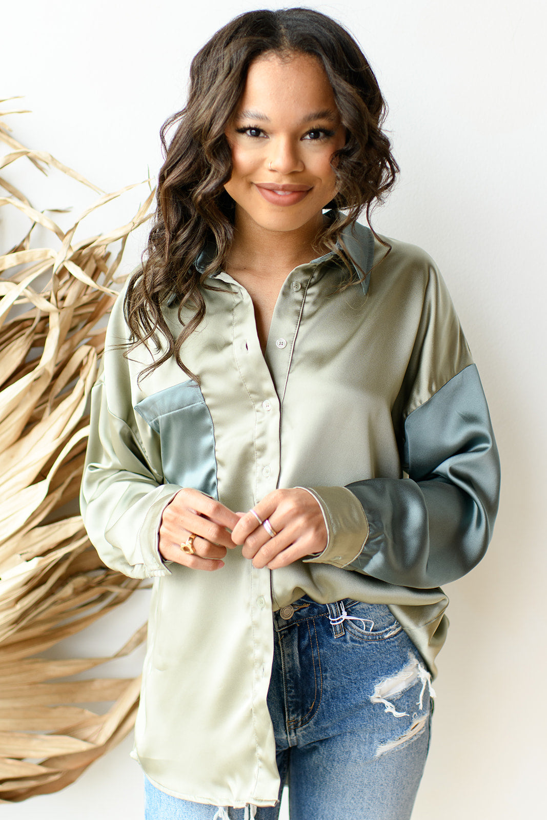mode, eleanor satin button-up blouse