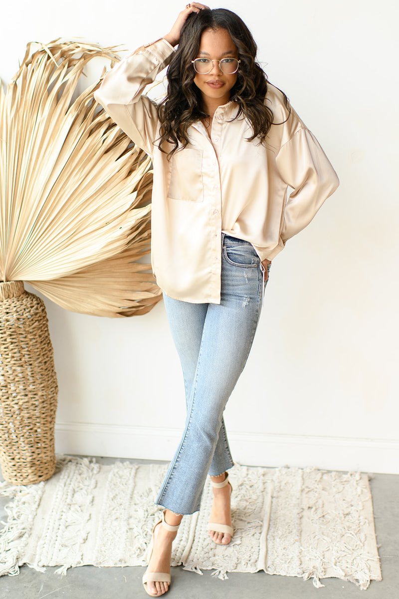 mode, eleanor satin button-up blouse