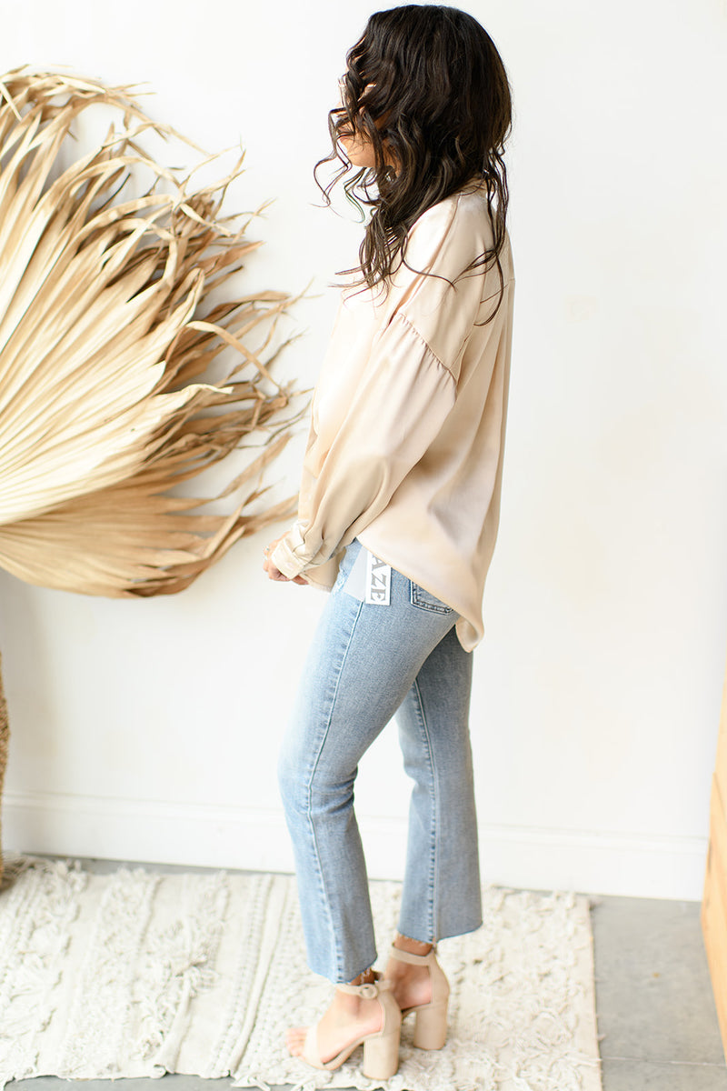 mode, eleanor satin button-up blouse