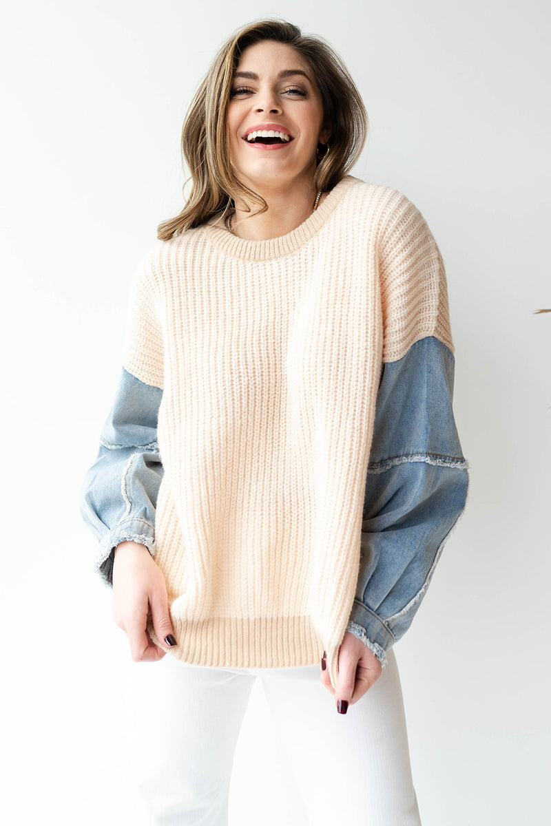 mode, denim + knit sweater