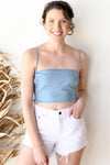 mode, smocked denim cami