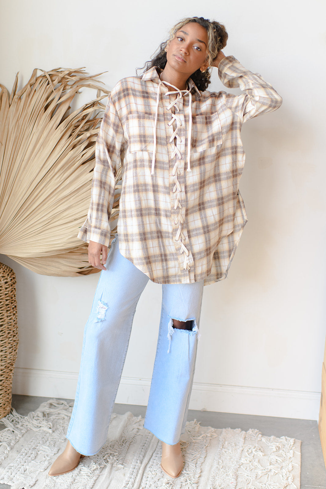 mode, tie-up long sleeve shirt