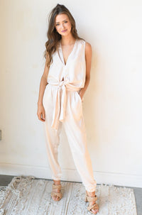 mode, front tie satin jumpsuit