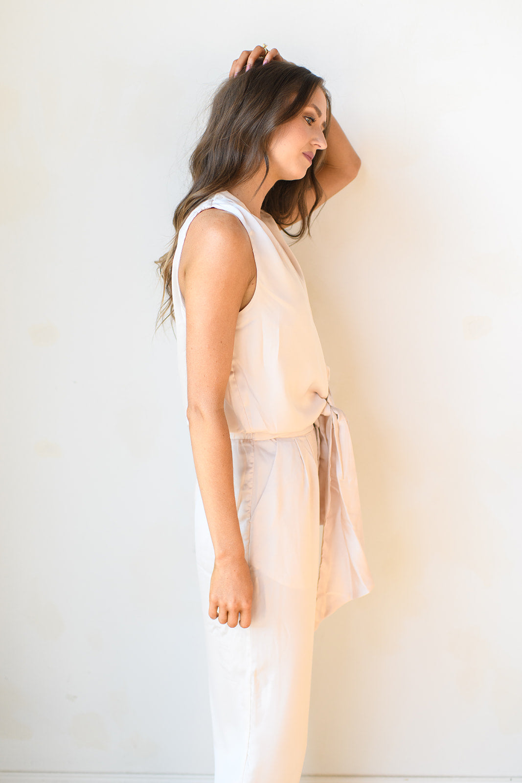 mode, front tie satin jumpsuit
