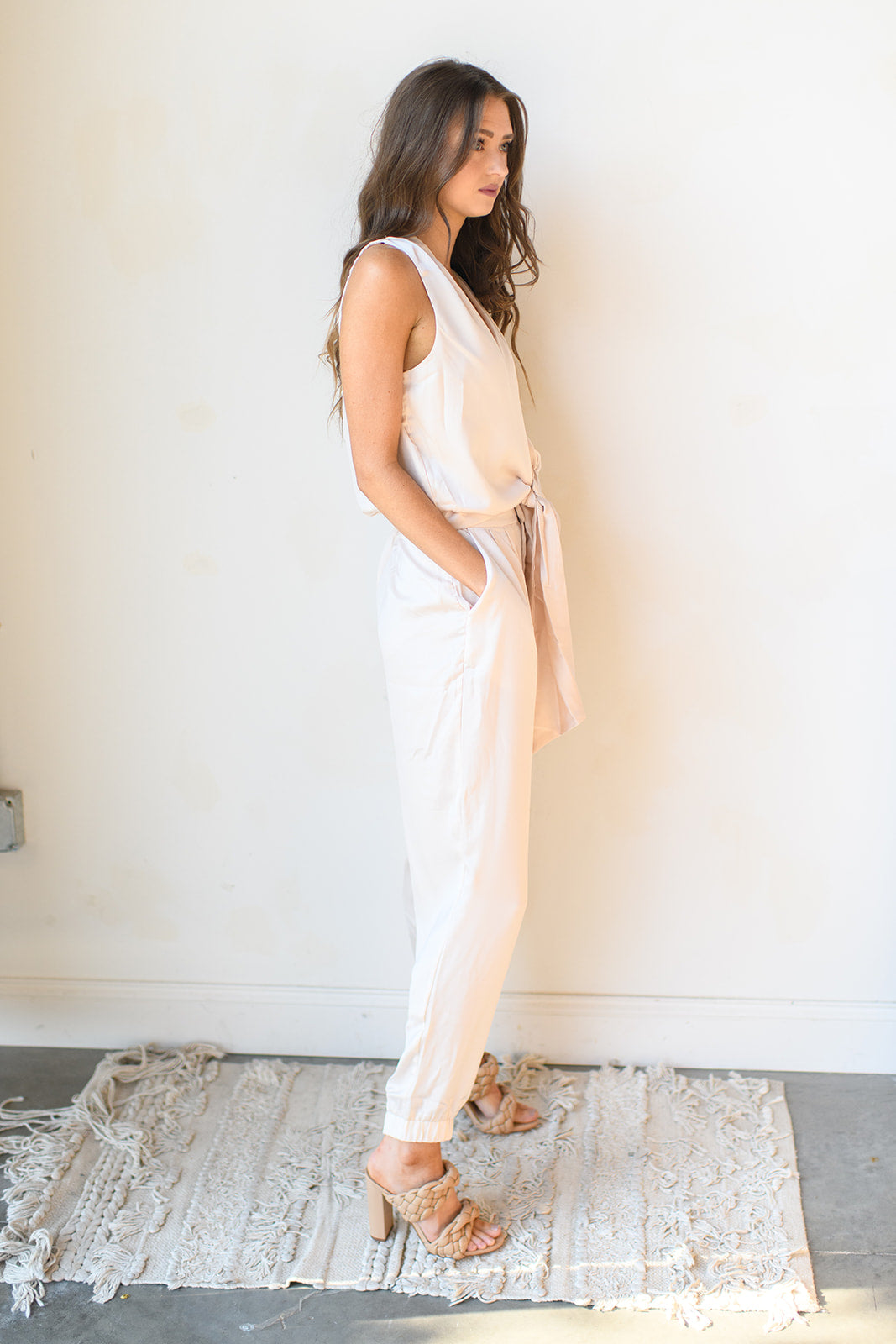 mode, front tie satin jumpsuit