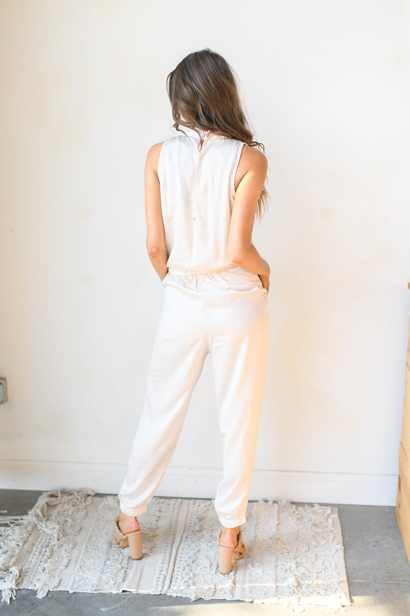 mode, front tie satin jumpsuit