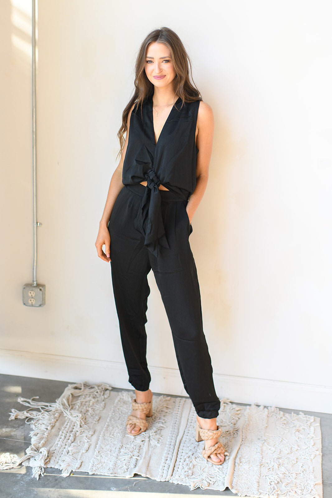 mode, front tie satin jumpsuit