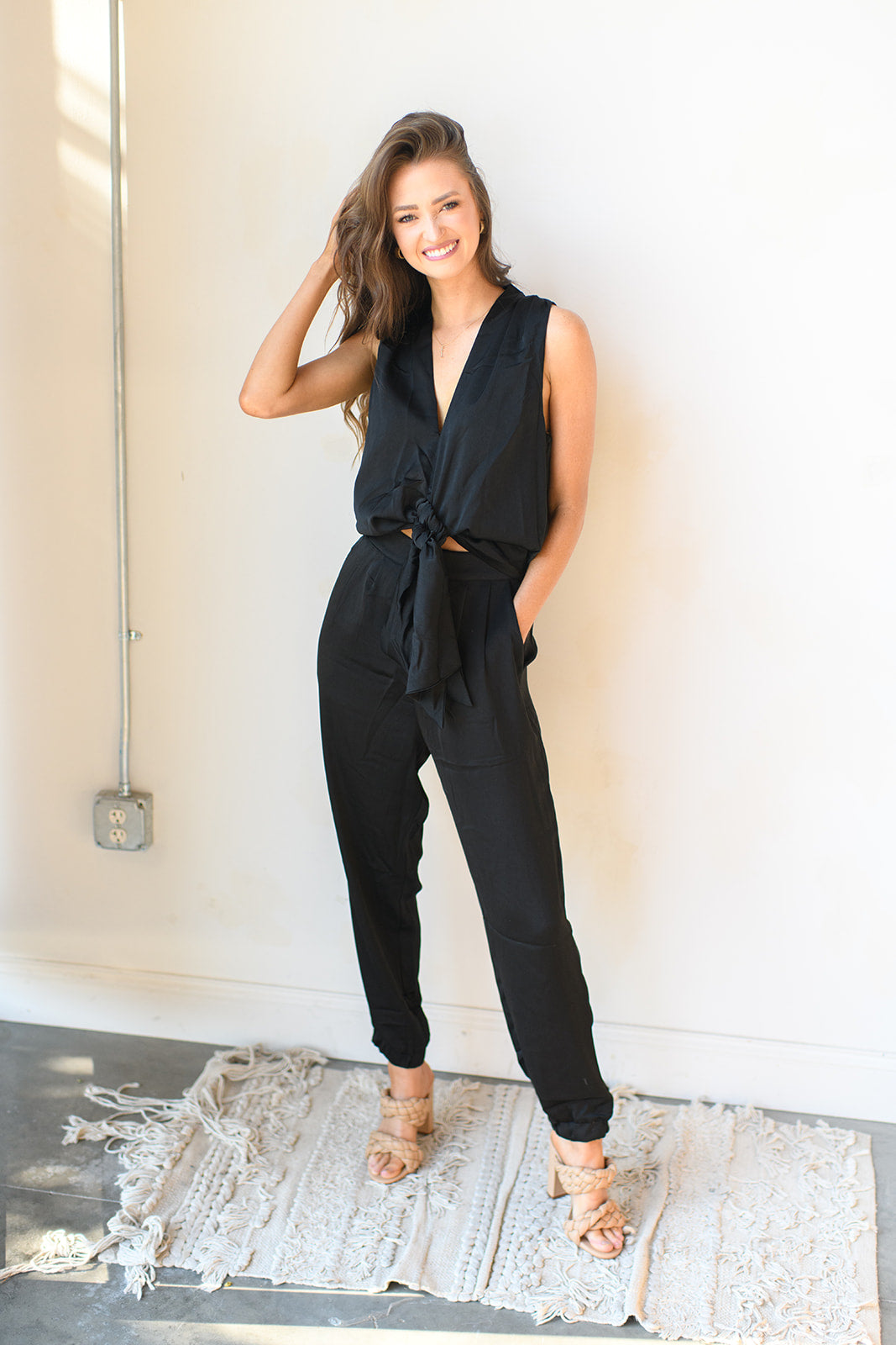mode, front tie satin jumpsuit