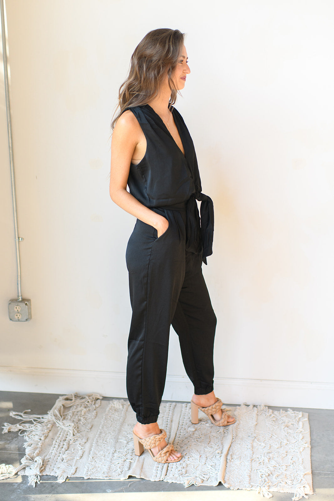 mode, front tie satin jumpsuit
