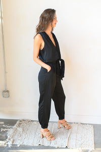 mode, front tie satin jumpsuit