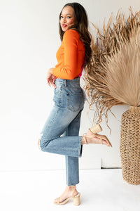 mode, double dip mock neck