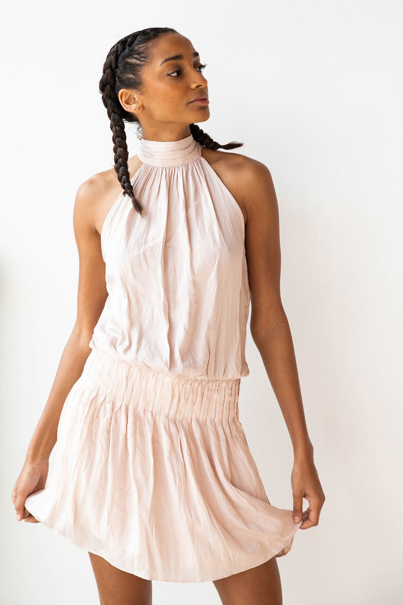 mode, mock neck tie dress