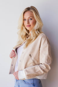 mode, contrast trim suede bomber jacket