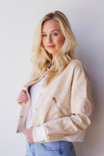mode, contrast trim suede bomber jacket