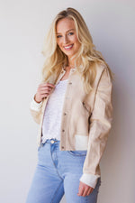 mode, contrast trim suede bomber jacket